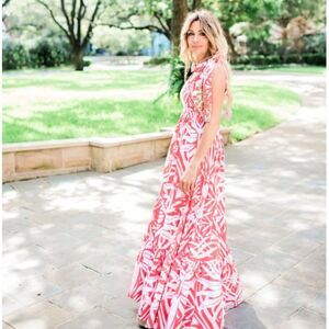 Sheridan French Kelly Dress Coral Boho Leaf Women Size M Tiered Maxi Smocked